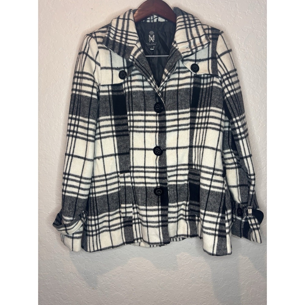 Women's Miss Ashley by 26International Plaid Pea Coat Black White.‎ Size Small